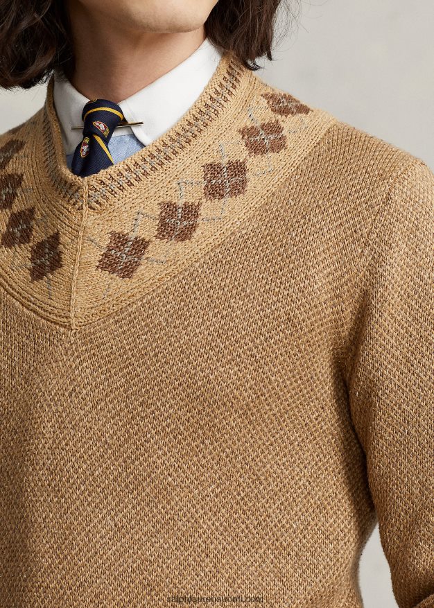 Ralph Lauren miehet argyle-reunus pellava-silkki krikettipusero 0Z24ZR8441 rusketus moni