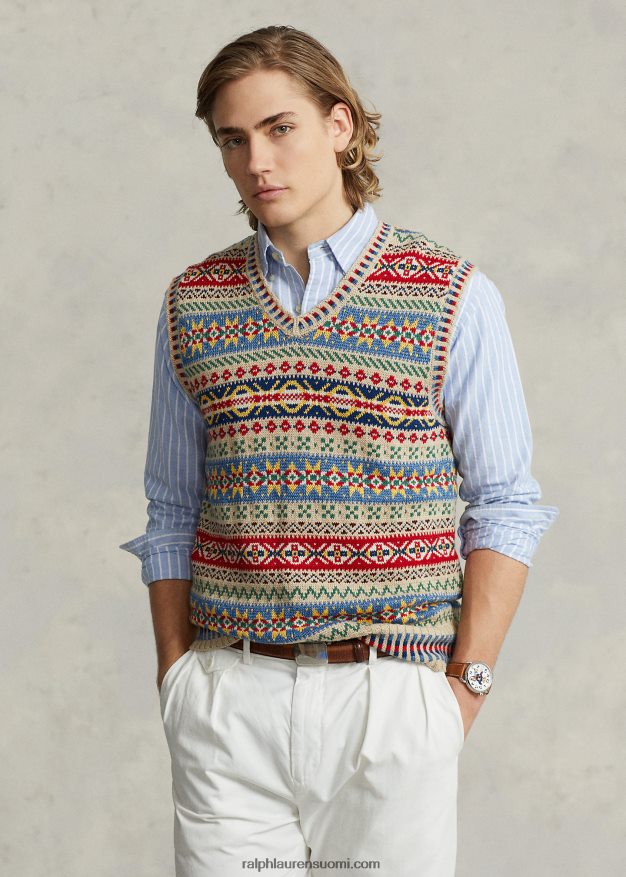 Ralph Lauren miehet fair Isle puuvilla-pellava villapusero liivi 0Z24ZR8464 rusketus moni