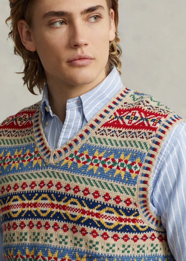 Ralph Lauren miehet fair Isle puuvilla-pellava villapusero liivi 0Z24ZR8464 rusketus moni
