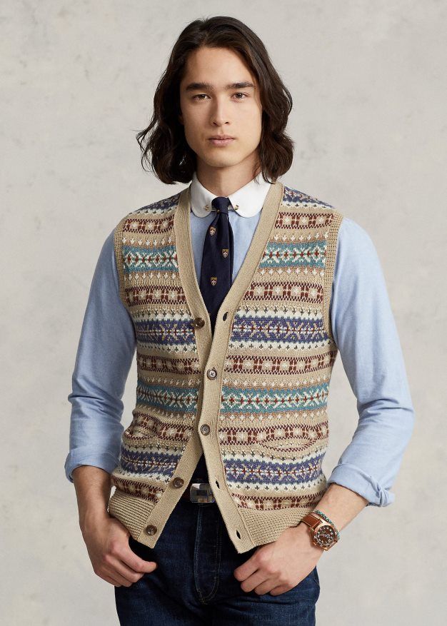 Ralph Lauren miehet fair isle nappi-etupusero liivi 0Z24ZR758 rusketus moni