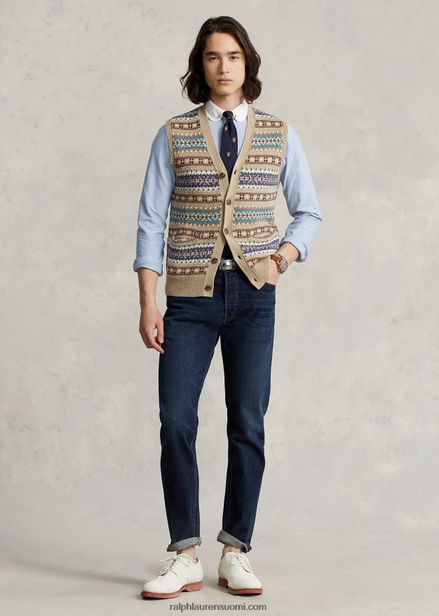 Ralph Lauren miehet fair isle nappi-etupusero liivi 0Z24ZR758 rusketus moni