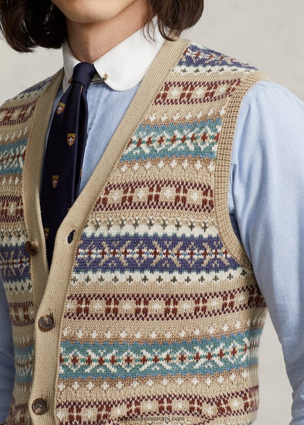 Ralph Lauren miehet fair isle nappi-etupusero liivi 0Z24ZR758 rusketus moni