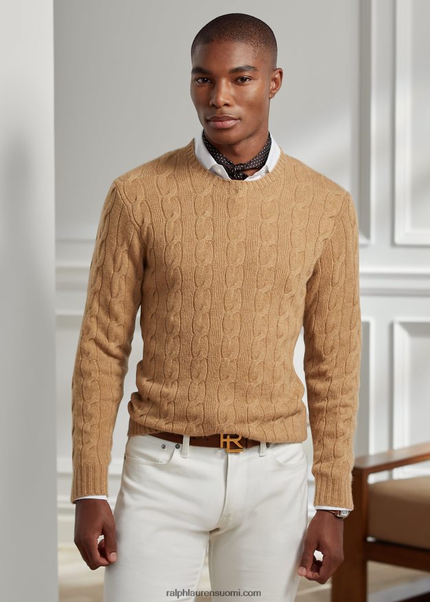 Ralph Lauren miehet kaapelineulottu kashmir villapaita 0Z24ZR70 kamelin melange