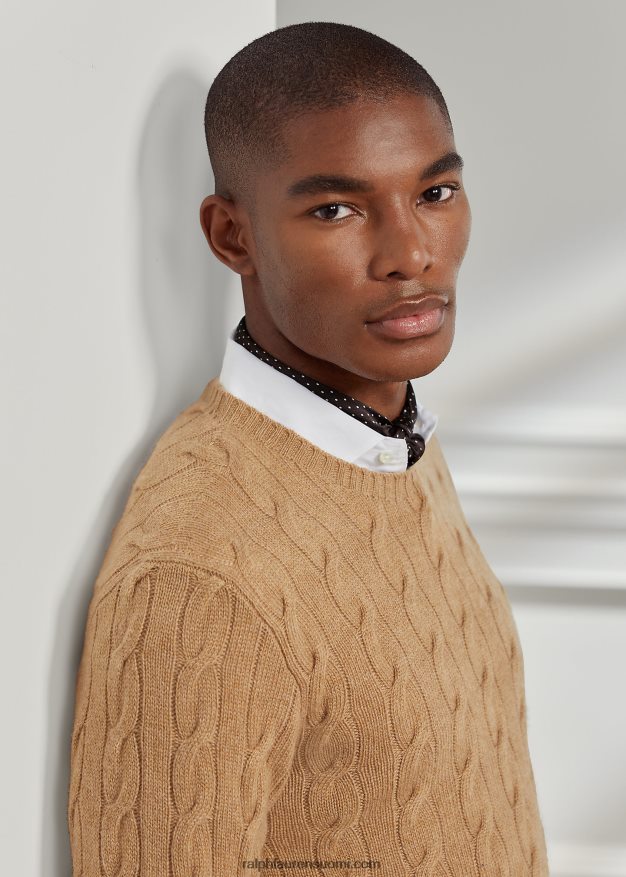 Ralph Lauren miehet kaapelineulottu kashmir villapaita 0Z24ZR70 kamelin melange