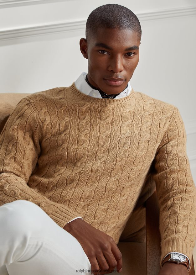 Ralph Lauren miehet kaapelineulottu kashmir villapaita 0Z24ZR70 kamelin melange