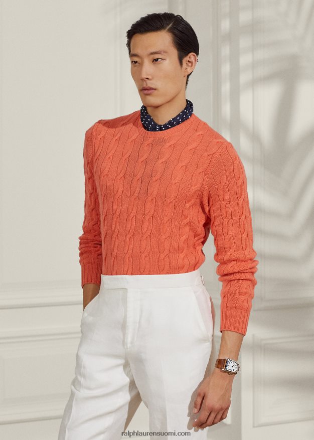 Ralph Lauren miehet kaapelineulottu kashmir villapaita 0Z24ZR71 meloni