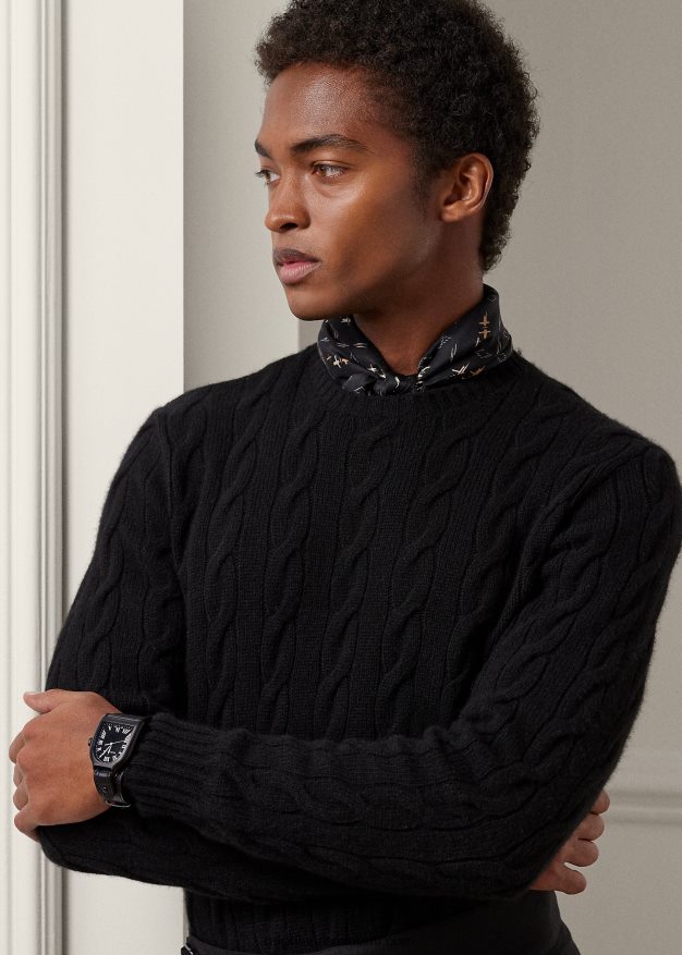 Ralph Lauren miehet kaapelineulottu kashmir villapaita 0Z24ZR73 klassinen musta