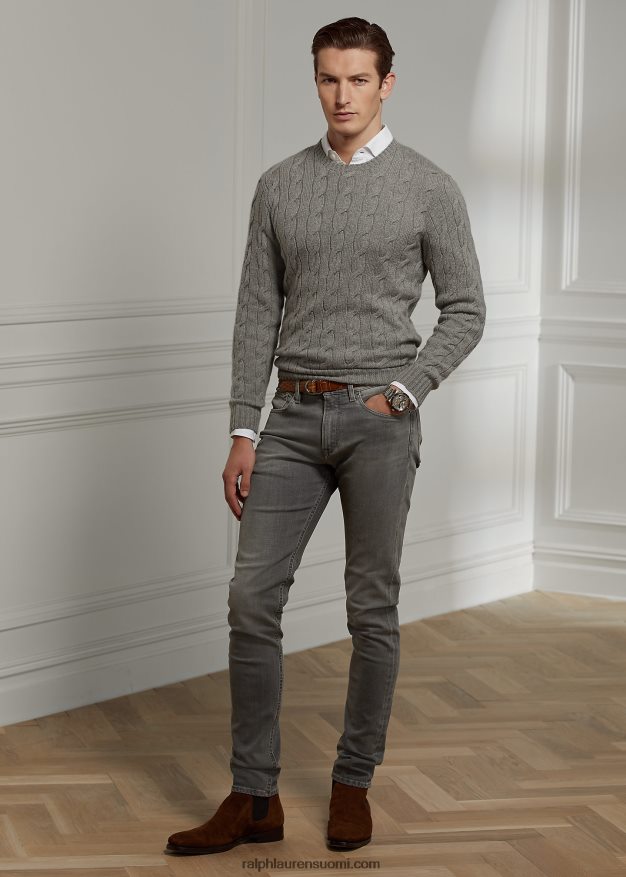 Ralph Lauren miehet kaapelineulottu kashmir villapaita 0Z24ZR84 vaaleanharmaa kanerva