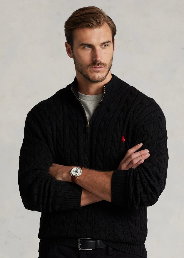 Ralph Lauren miehet kaapelineulottu puuvillainen neljännesvetoketjupusero 0Z24ZR1925 musta