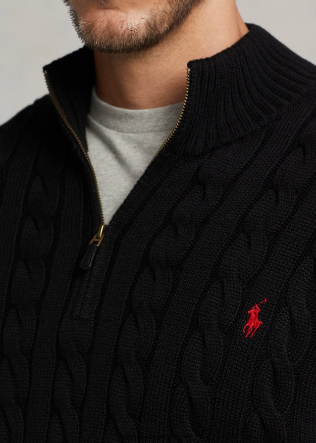 Ralph Lauren miehet kaapelineulottu puuvillainen neljännesvetoketjupusero 0Z24ZR1925 musta