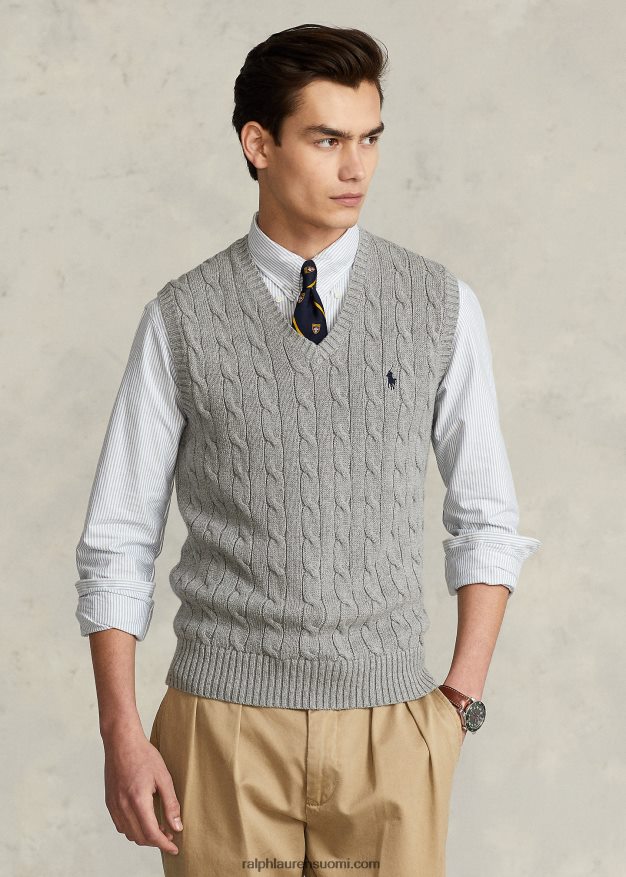 Ralph Lauren miehet kaapelineulottu puuvillapusero liivi 0Z24ZR505 kellanharmaa kanerva