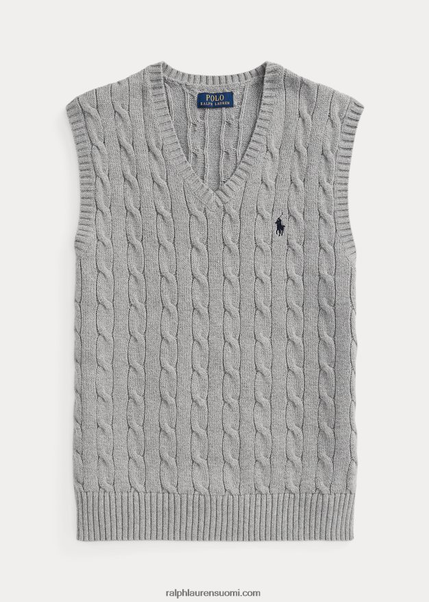 Ralph Lauren miehet kaapelineulottu puuvillapusero liivi 0Z24ZR505 kellanharmaa kanerva