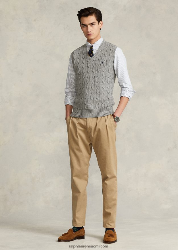 Ralph Lauren miehet kaapelineulottu puuvillapusero liivi 0Z24ZR505 kellanharmaa kanerva