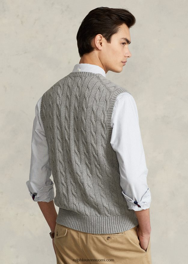 Ralph Lauren miehet kaapelineulottu puuvillapusero liivi 0Z24ZR505 kellanharmaa kanerva