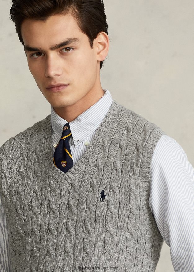 Ralph Lauren miehet kaapelineulottu puuvillapusero liivi 0Z24ZR505 kellanharmaa kanerva