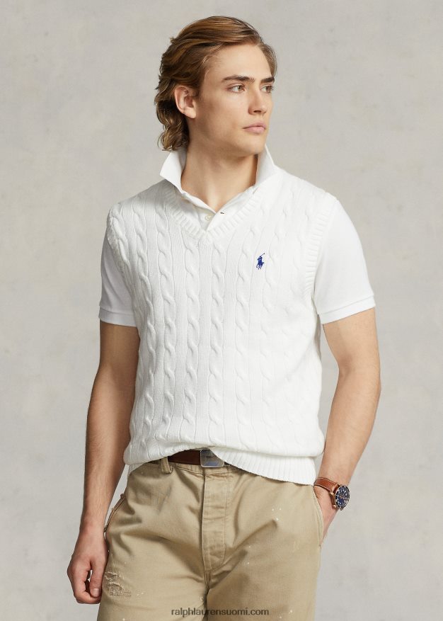 Ralph Lauren miehet kaapelineulottu puuvillapusero liivi 0Z24ZR507 valkoinen