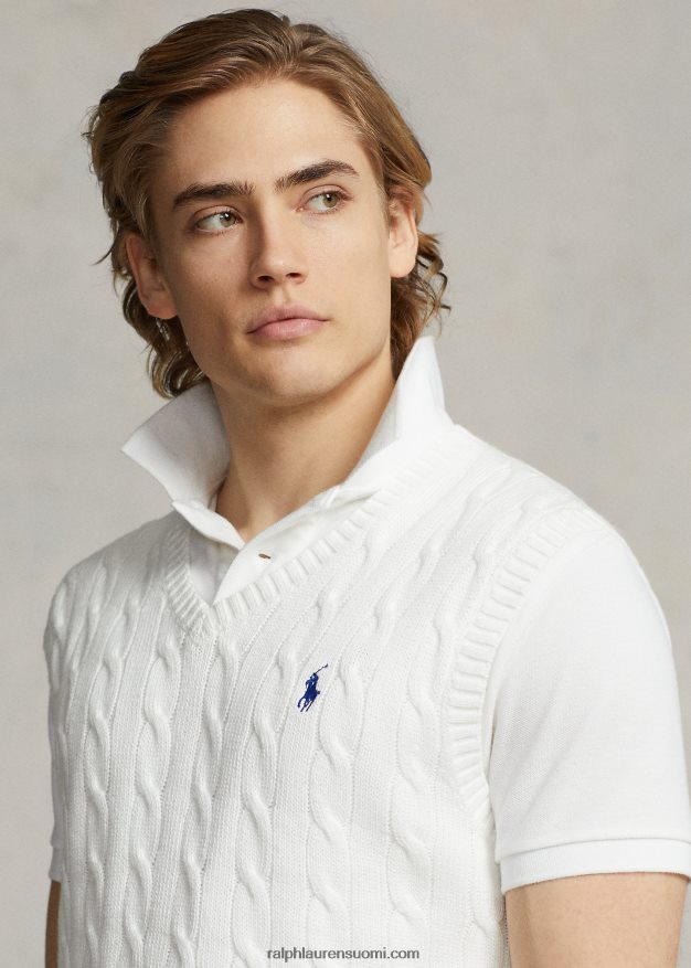 Ralph Lauren miehet kaapelineulottu puuvillapusero liivi 0Z24ZR507 valkoinen