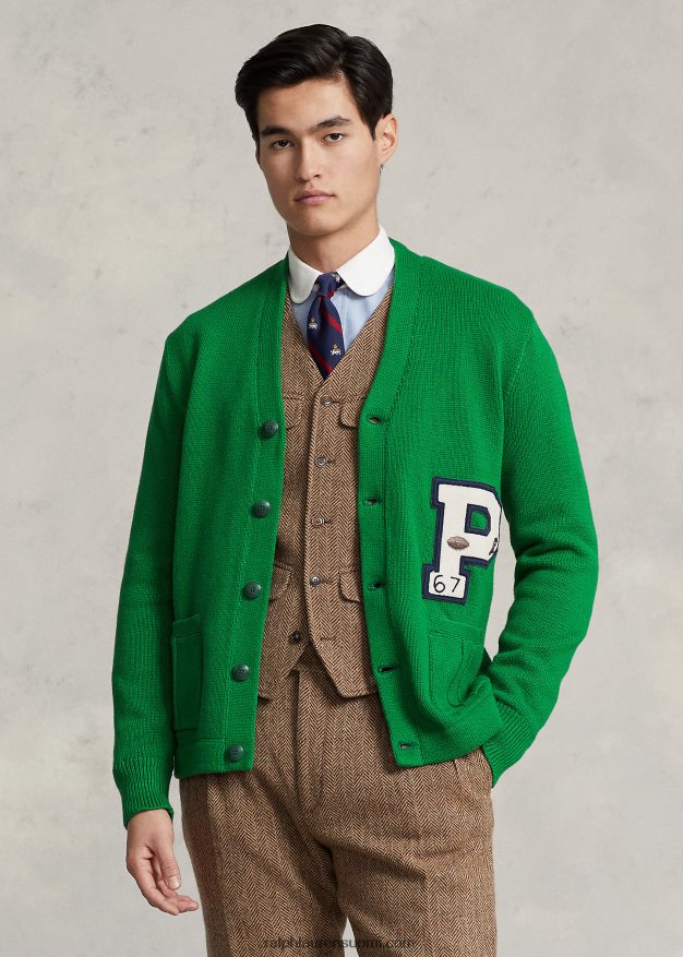 Ralph Lauren miehet puuvillainen letterman-neuletakki 0Z24ZR8520 uusi metsä moni