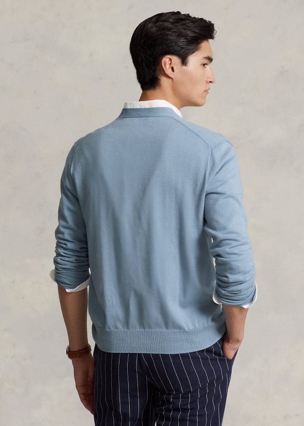 Ralph Lauren miehet puuvillainen v-pääntie neuletakki 0Z24ZR395 kanava sininen