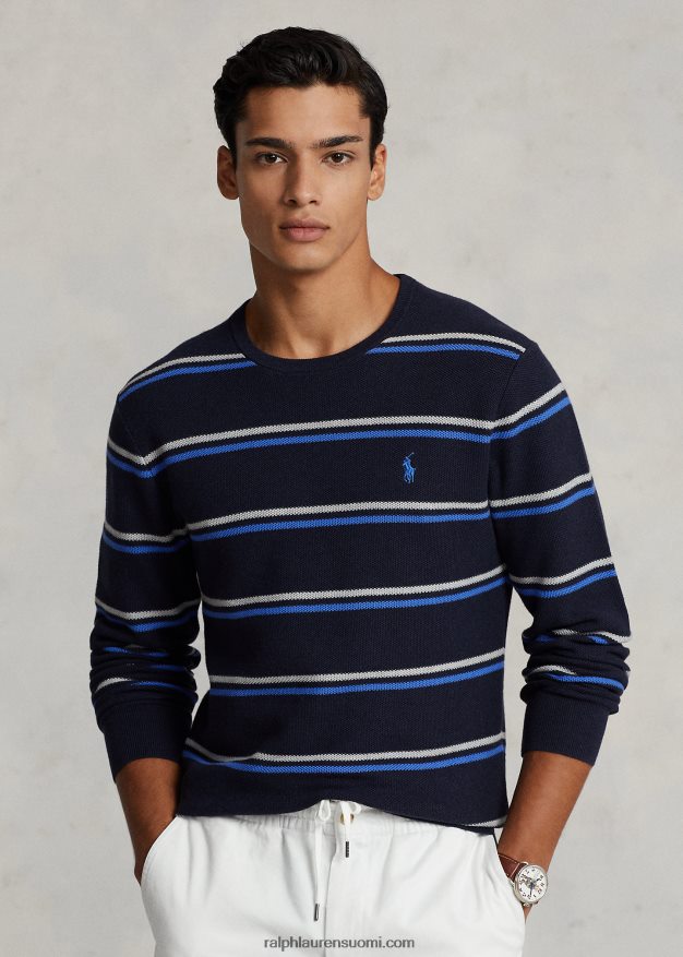 Ralph Lauren miehet raidallinen verkkoneulottu puuvillapusero 0Z24ZR548 laivaston yhdistelmä