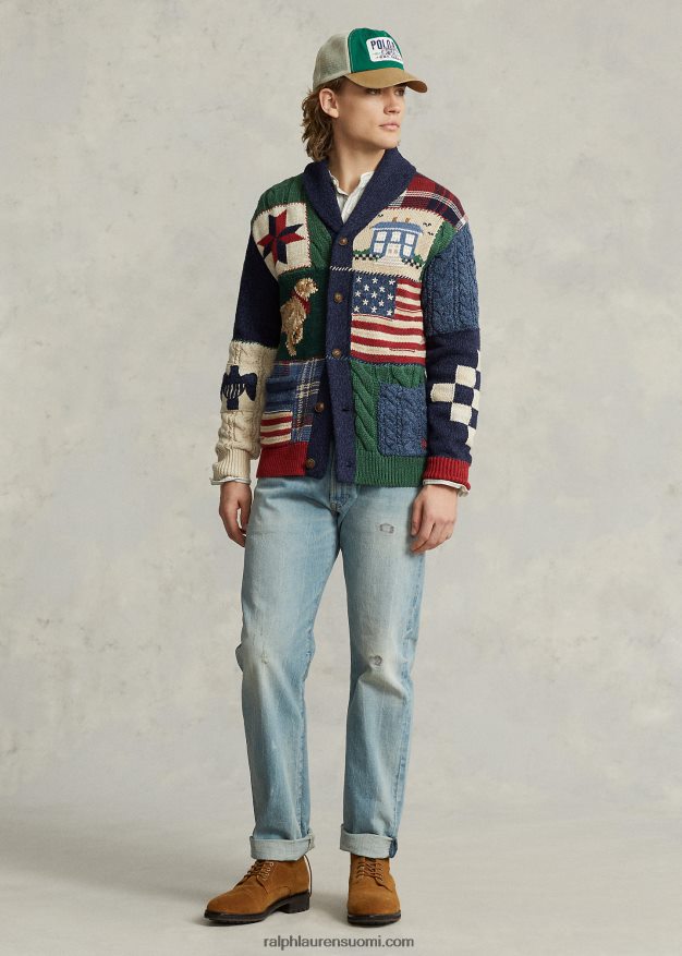 Ralph Lauren miehet tilkkupuuvillasekoitettu huivineuletakki 0Z24ZR1079 rusketus moni