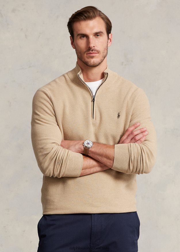 Ralph Lauren miehet verkkoneulottu puuvillainen neljännesvetoketjupusero 0Z24ZR1916 kamelin melange