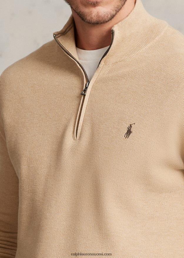 Ralph Lauren miehet verkkoneulottu puuvillainen neljännesvetoketjupusero 0Z24ZR1916 kamelin melange