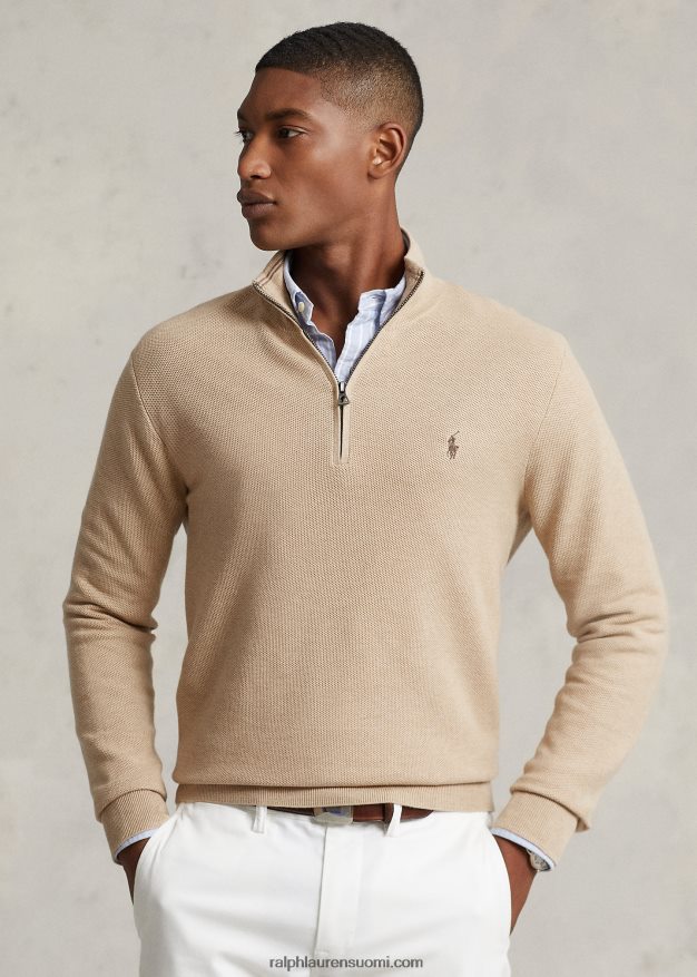 Ralph Lauren miehet verkkoneulottu puuvillainen neljännesvetoketjupusero 0Z24ZR512 kamelin melange