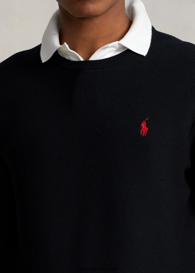 Ralph Lauren miehet verkkoneulottu puuvillainen pyöreäkaula-neulepusero 0Z24ZR671 musta