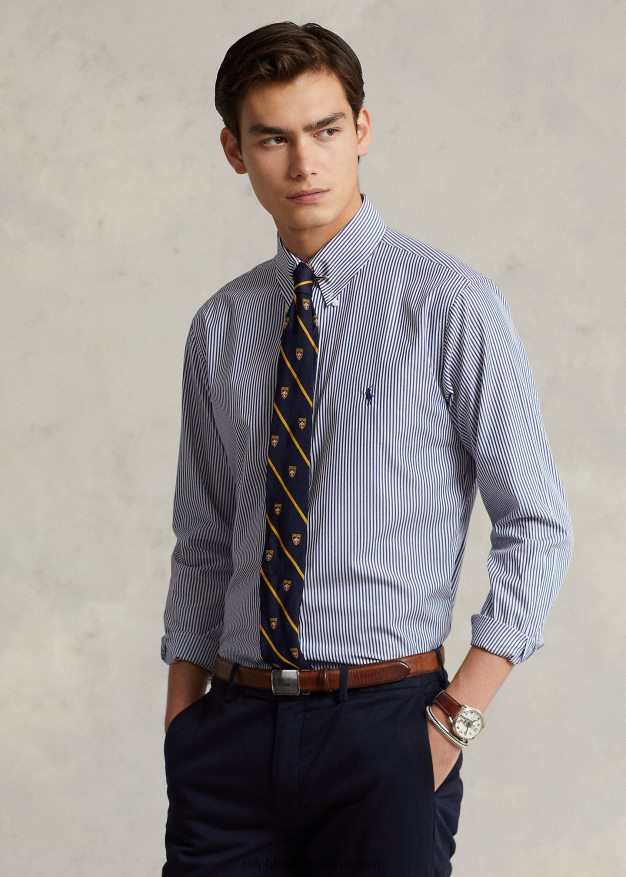 Ralph Lauren miehet klassinen istuva popliinipaita 0Z24ZR1108 laivasto/valkoinen