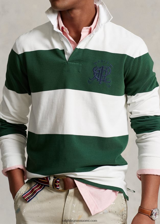 Ralph Lauren miehet klassinen istuvuus harjaraidallinen rugbypaita 0Z24ZR1122 uusi metsä/kansipesu valkoinen