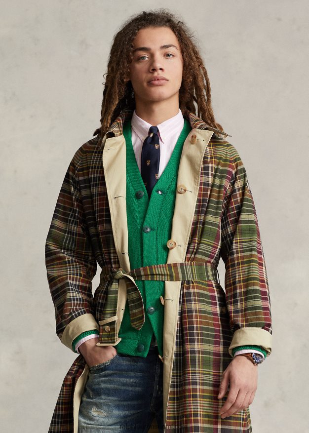 Ralph Lauren miehet käännettävä popliini-madras balmacaan-takki 0Z24ZR1274 oliivi multi