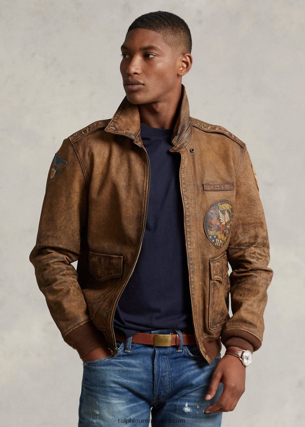 Ralph Lauren miehet nahkainen lentotakki 0Z24ZR902 metsästäjä ruskea