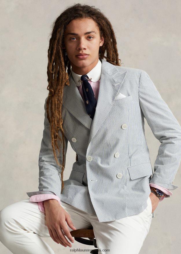 Ralph Lauren miehet poolo pehmeä seersucker-pukutakki 0Z24ZR1071 antiikki kerma/sininen