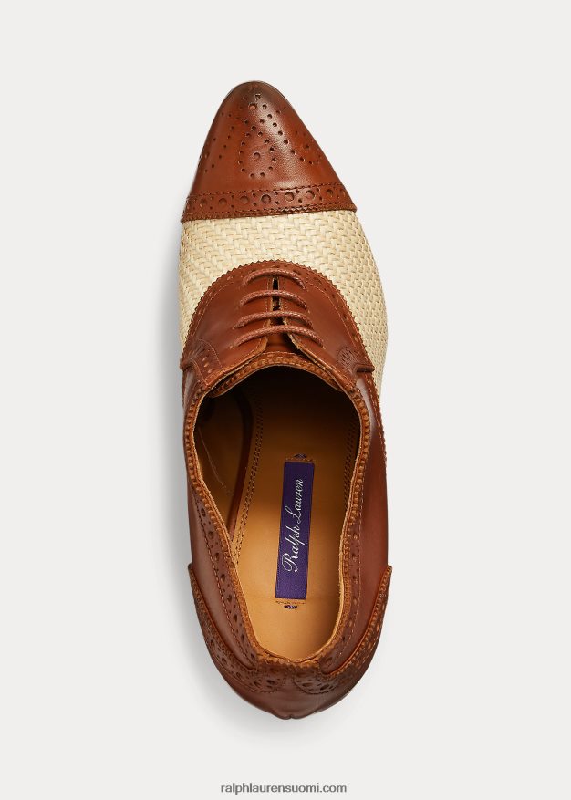 Ralph Lauren naiset cerri raffia & kiillotettu vasikannahkapumppu 0Z24ZR9703 luonnollinen/kulta