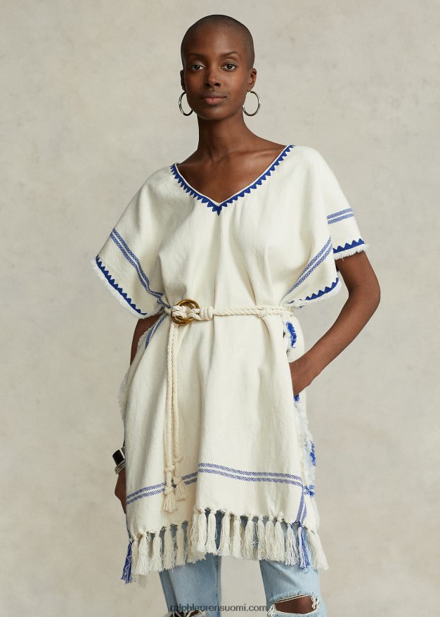 Ralph Lauren naiset tupsutettu kudottu puuvillainen poncho 0Z24ZR5470 kerma/sininen