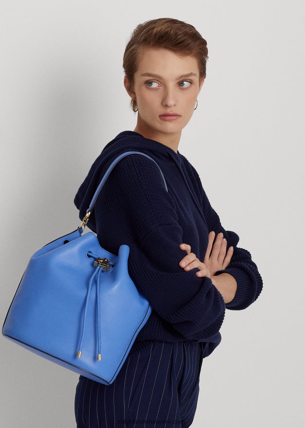 Ralph Lauren naiset nahkainen iso andie kiristysnyörillinen laukku 0Z24ZR5451 uuden englannin sininen