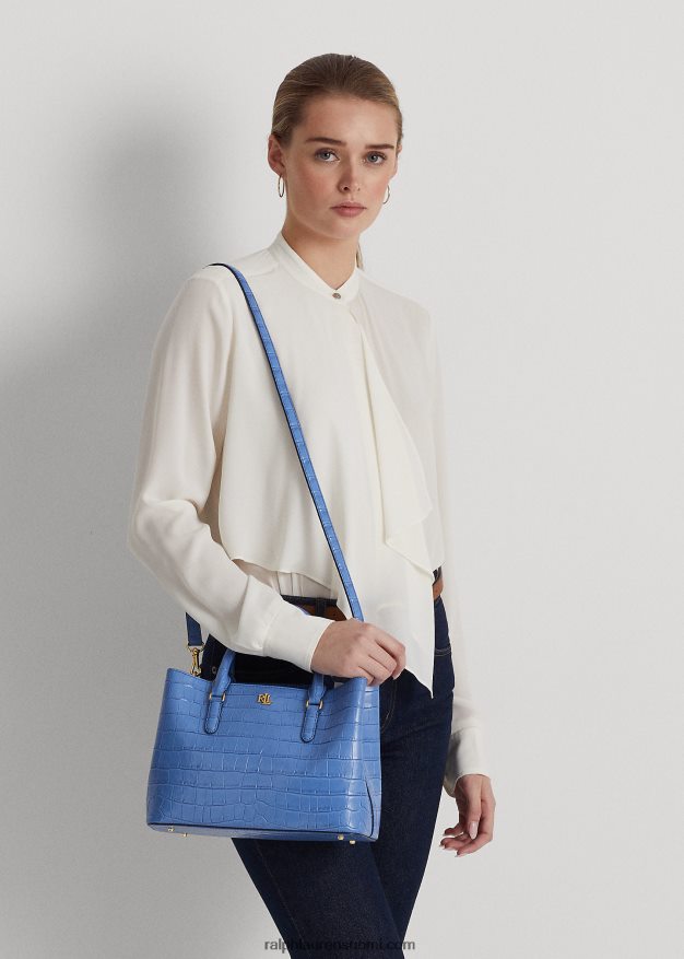 Ralph Lauren naiset kohokuvioitu nahkainen keskikokoinen marcy-laukku 0Z24ZR5457 uuden englannin sininen
