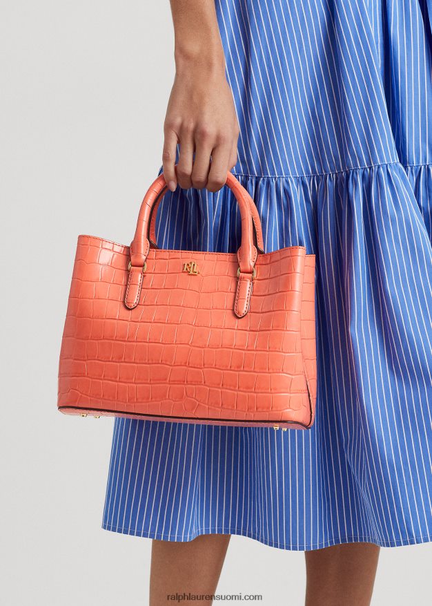 Ralph Lauren naiset kohokuvioitu nahkainen keskikokoinen marcy-laukku 0Z24ZR5458 sataman koralli