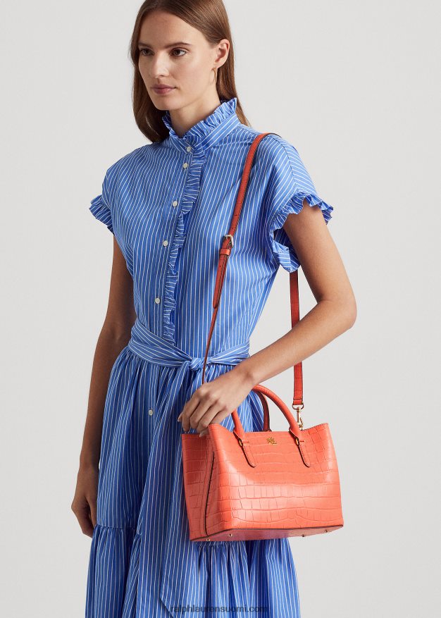 Ralph Lauren naiset kohokuvioitu nahkainen keskikokoinen marcy-laukku 0Z24ZR5458 sataman koralli