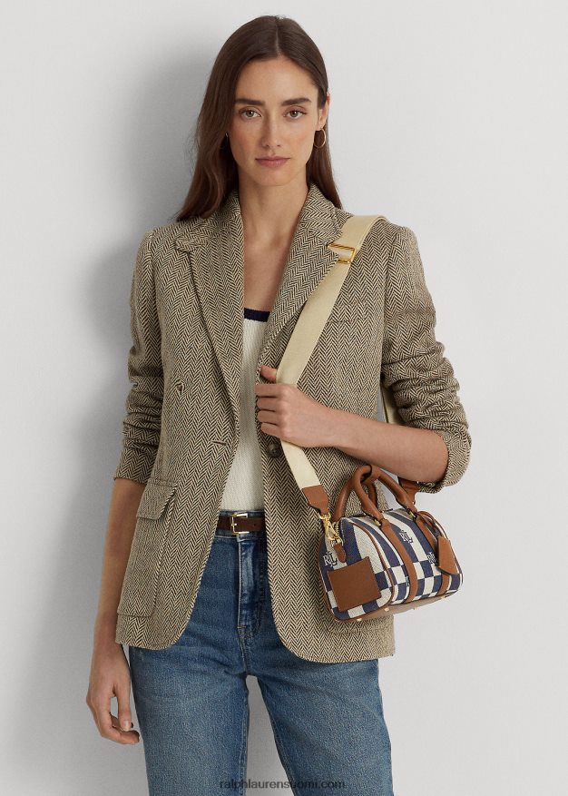 Ralph Lauren naiset nahkaverhoiltu kangas pieni kaden-laukku 0Z24ZR5415 logo/tartan/laivasto
