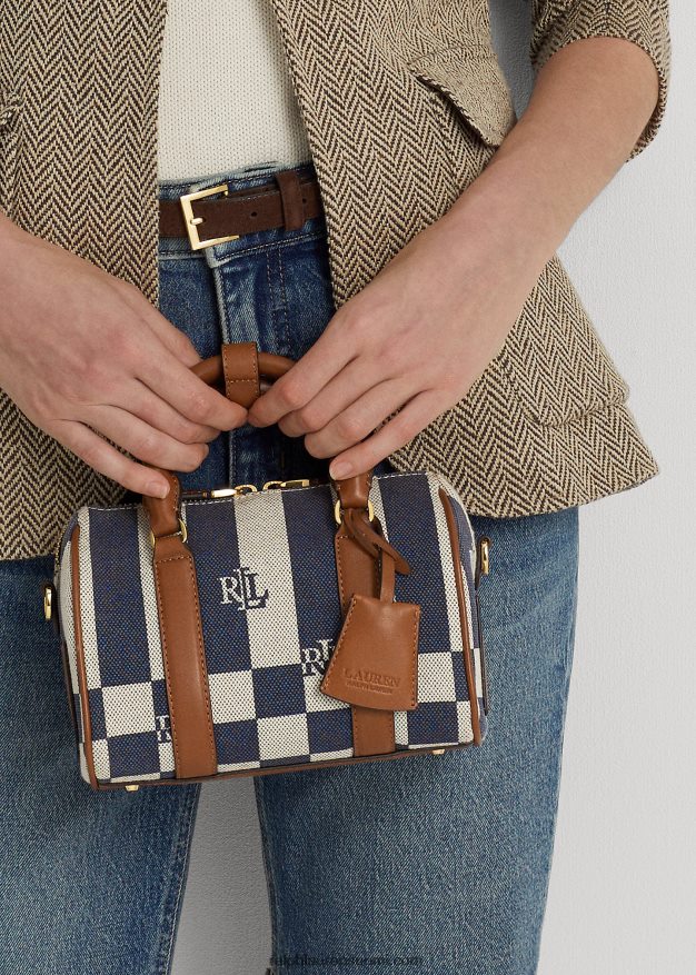 Ralph Lauren naiset nahkaverhoiltu kangas pieni kaden-laukku 0Z24ZR5415 logo/tartan/laivasto