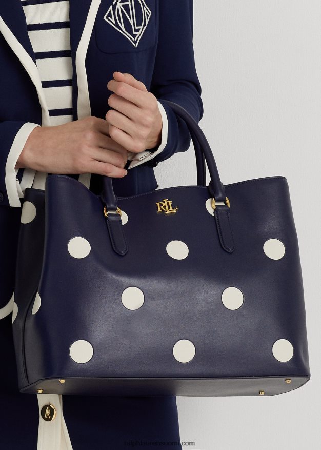 Ralph Lauren naiset pilkullinen nahkainen iso marcy-laukku 0Z24ZR5364 hienostunut laivasto/vanilja