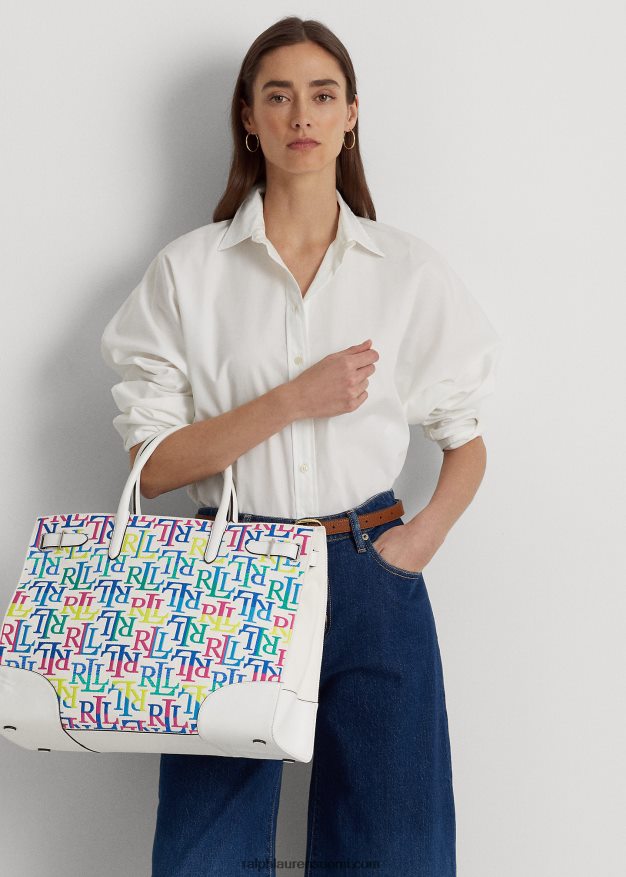 Ralph Lauren naiset brodeerattu kangas iso devyn-laukku 0Z24ZR5425 monivärinen logo/valkoinen