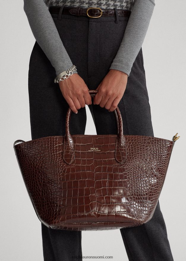 Ralph Lauren naiset kohokuvioitu keskikokoinen bellport-laukku 0Z24ZR5216 suklaa