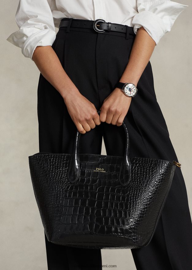 Ralph Lauren naiset kohokuvioitu keskikokoinen bellport-laukku 0Z24ZR5217 musta