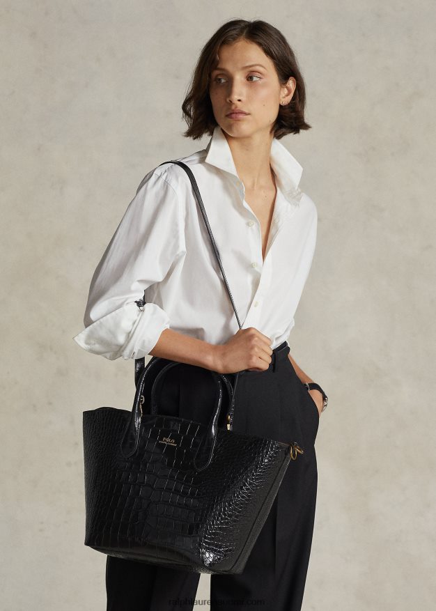 Ralph Lauren naiset kohokuvioitu keskikokoinen bellport-laukku 0Z24ZR5217 musta