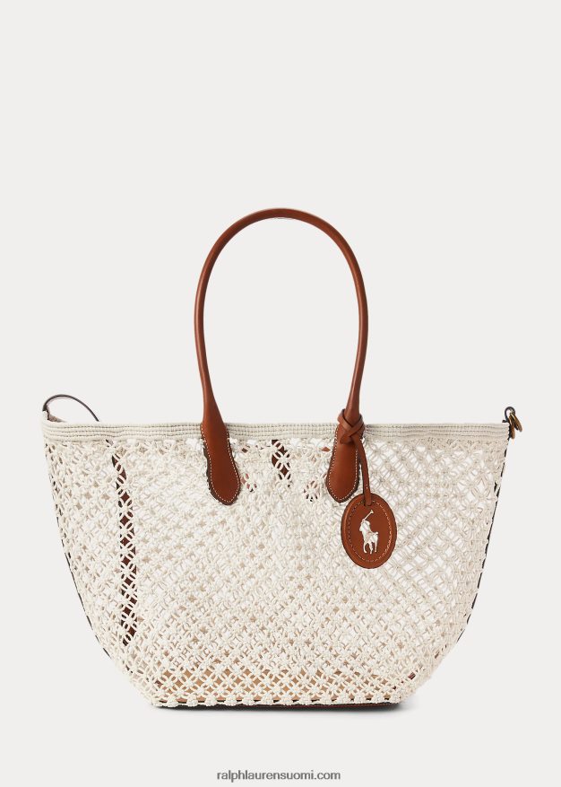 Ralph Lauren naiset nahkaverhoiltu virkattu suuri bellport-laukku 0Z24ZR5190 pergamentti kerma