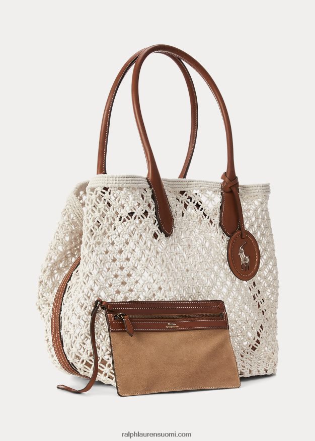 Ralph Lauren naiset nahkaverhoiltu virkattu suuri bellport-laukku 0Z24ZR5190 pergamentti kerma