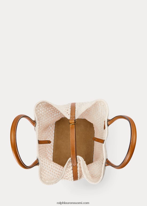 Ralph Lauren naiset nahkaverhoiltu virkattu suuri bellport-laukku 0Z24ZR5190 pergamentti kerma